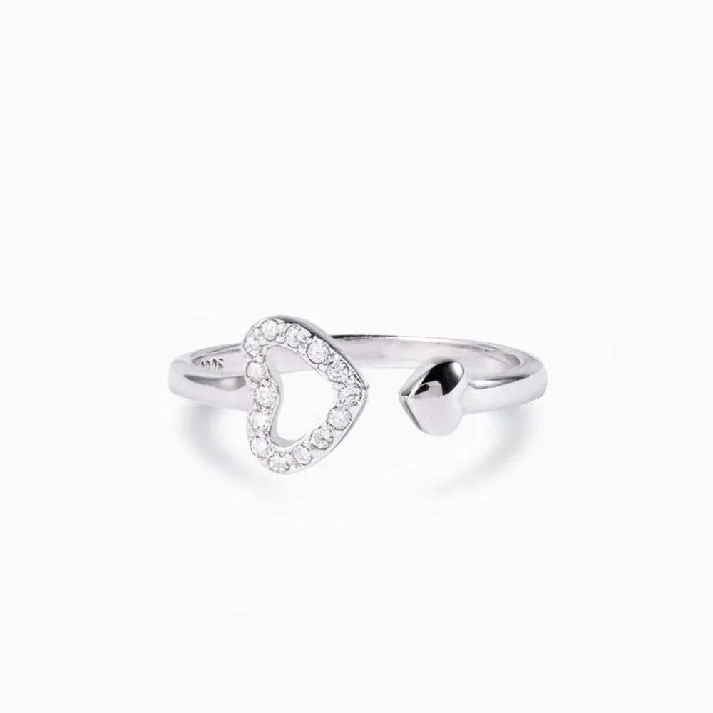 925 Sterling Silver Inlaid Zircon Heart Open Ring - Korvel