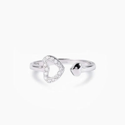925 Sterling Silver Inlaid Zircon Heart Open Ring - Korvel