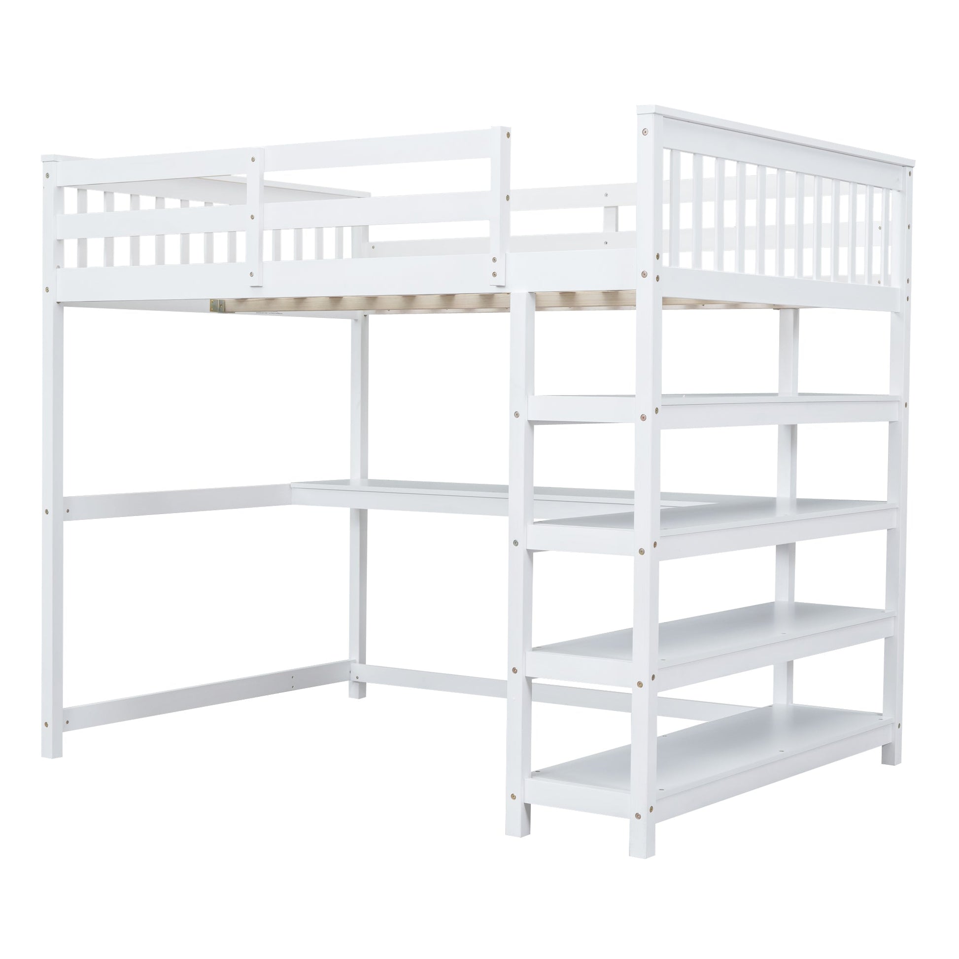 Full Size Loft Bed with Storage Shelves and Under-bed Desk  White - Korvel