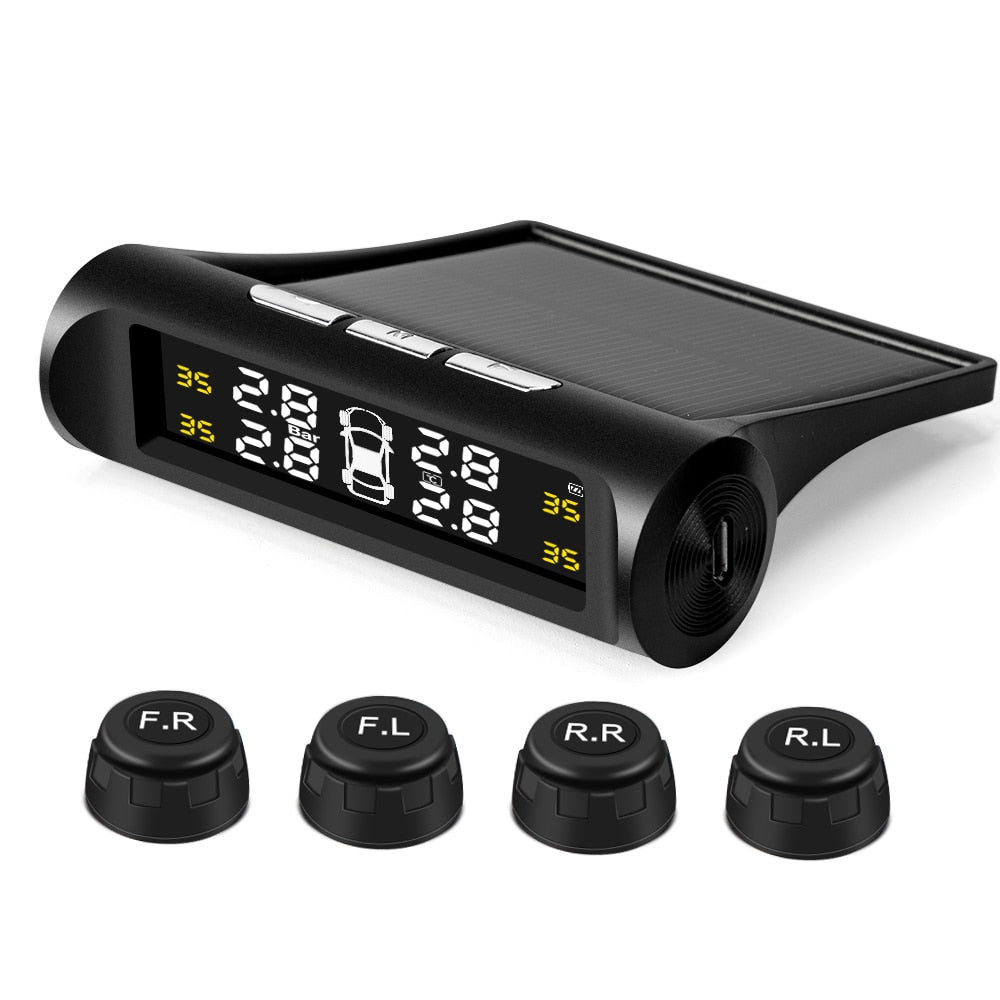 Smart Car TPMS Tire Pressure Monitoring System Solar Power Digital TMPS LCD Display USB Auto Security Alarm Tire Pressure Sensor - Korvel