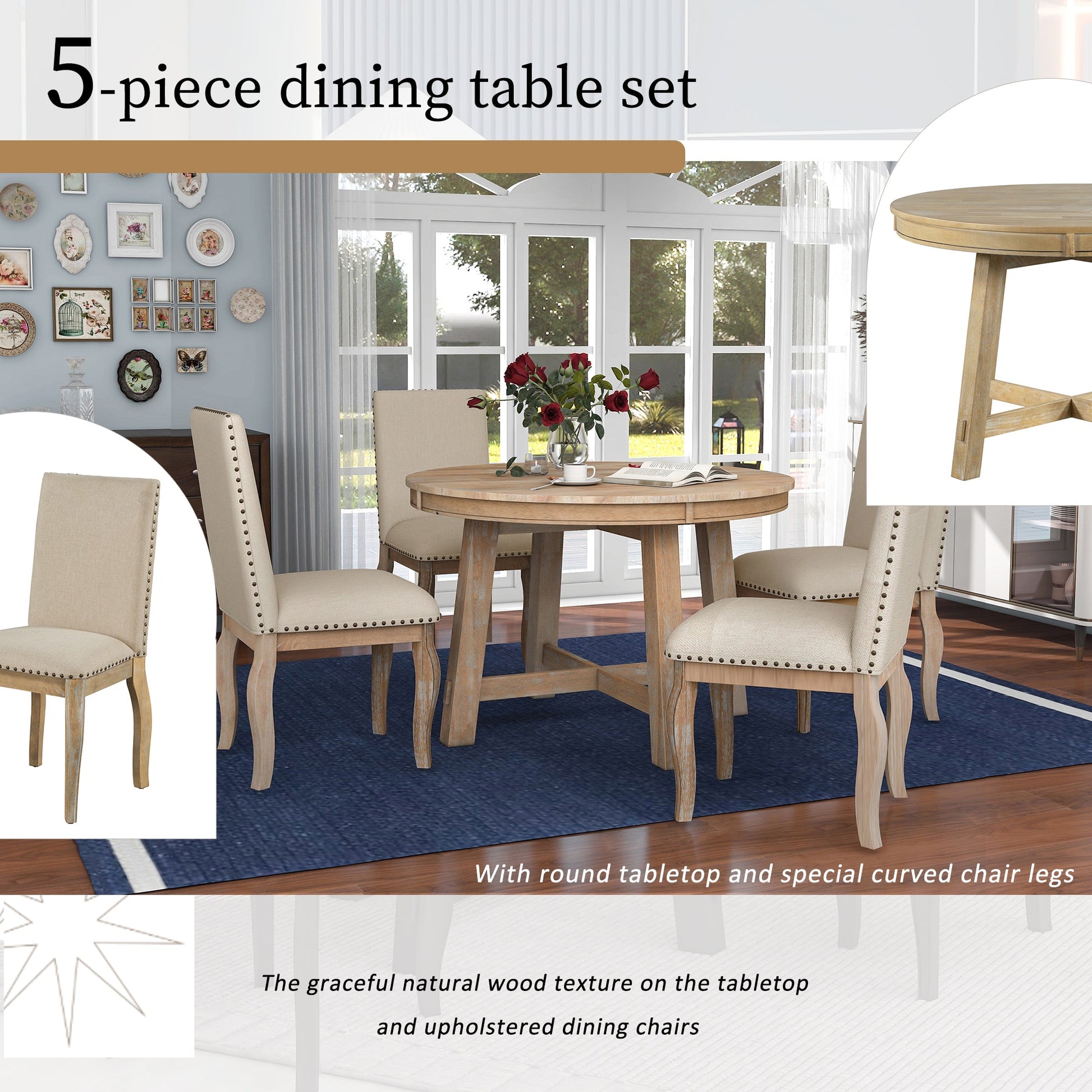 TREXM 5-Piece Farmhouse Dining Table Set Wood Round Extendable Dining Table and 4 Upholstered Dining Chairs (Natural Wood Wash) - Korvel
