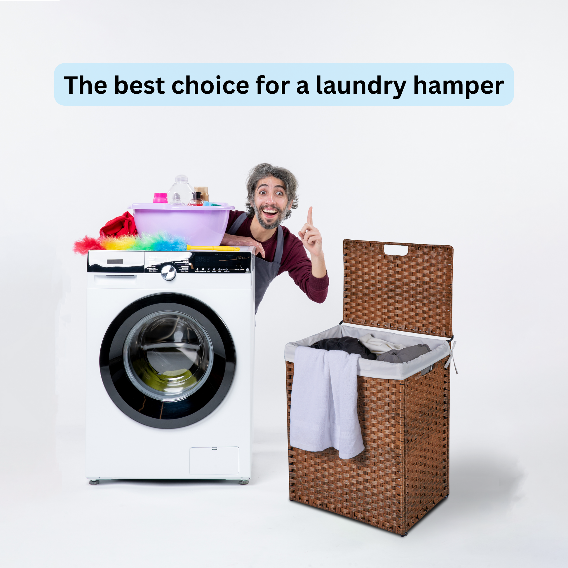 Laundry Hamper With Lid PE Rattan Powder Coating Frame Clothes Hampers with 02 Removable Bags, 100L, Brown Color - Korvel