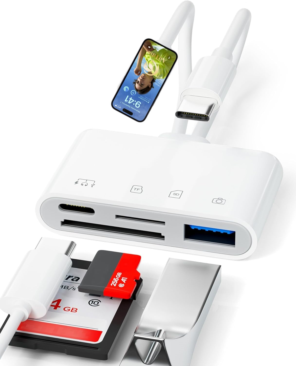 Dual line 4-in-1 mobile card reader suitable for Apple TypeC to TF/SD/USB/USB-C charging adapter - Korvel