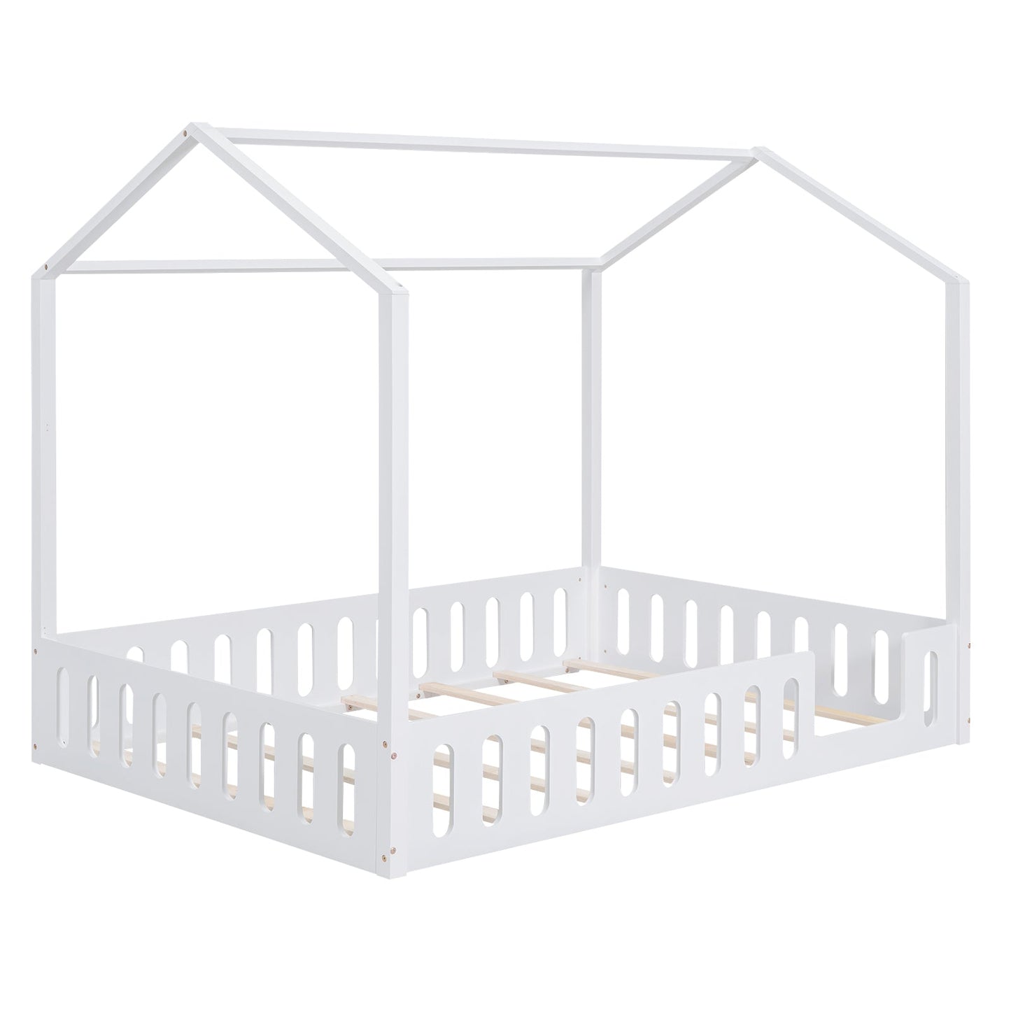 Full Size Wood House Bed with Fence and Detachable Storage Shelves, White - Korvel