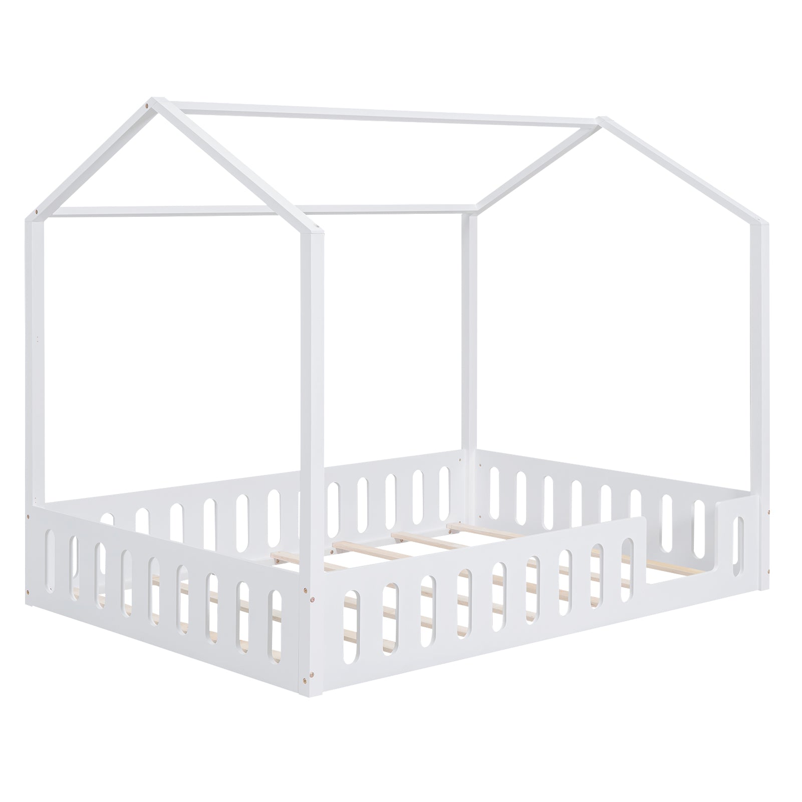 Full Size Wood House Bed with Fence and Detachable Storage Shelves, White - Korvel