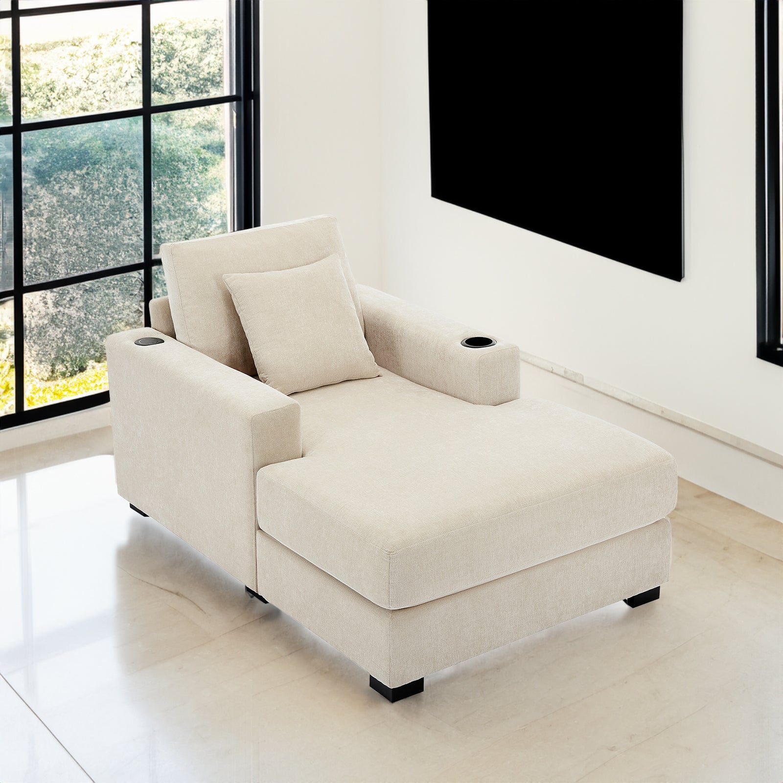 39.7" Oversized Chaise Lounger Modern Style Sofa Couch ,with Pillows, Charge Station & Cup Holders, Chenille Fabric, Cream - Korvel