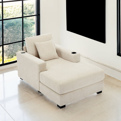 39.7" Oversized Chaise Lounger Modern Style Sofa Couch ,with Pillows, Charge Station & Cup Holders, Chenille Fabric, Cream - Korvel