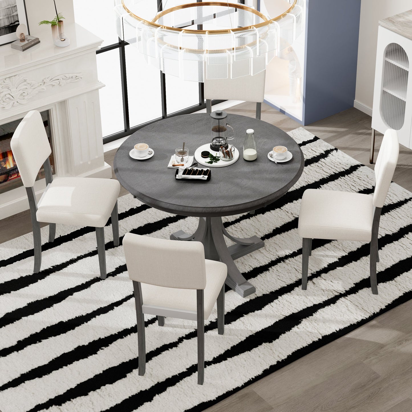 TREXM Five Piece Retro Round Dining Table Set with Curved Brackets and 4 Restaurant Cushioned Chairs (Dark Gray) - Korvel