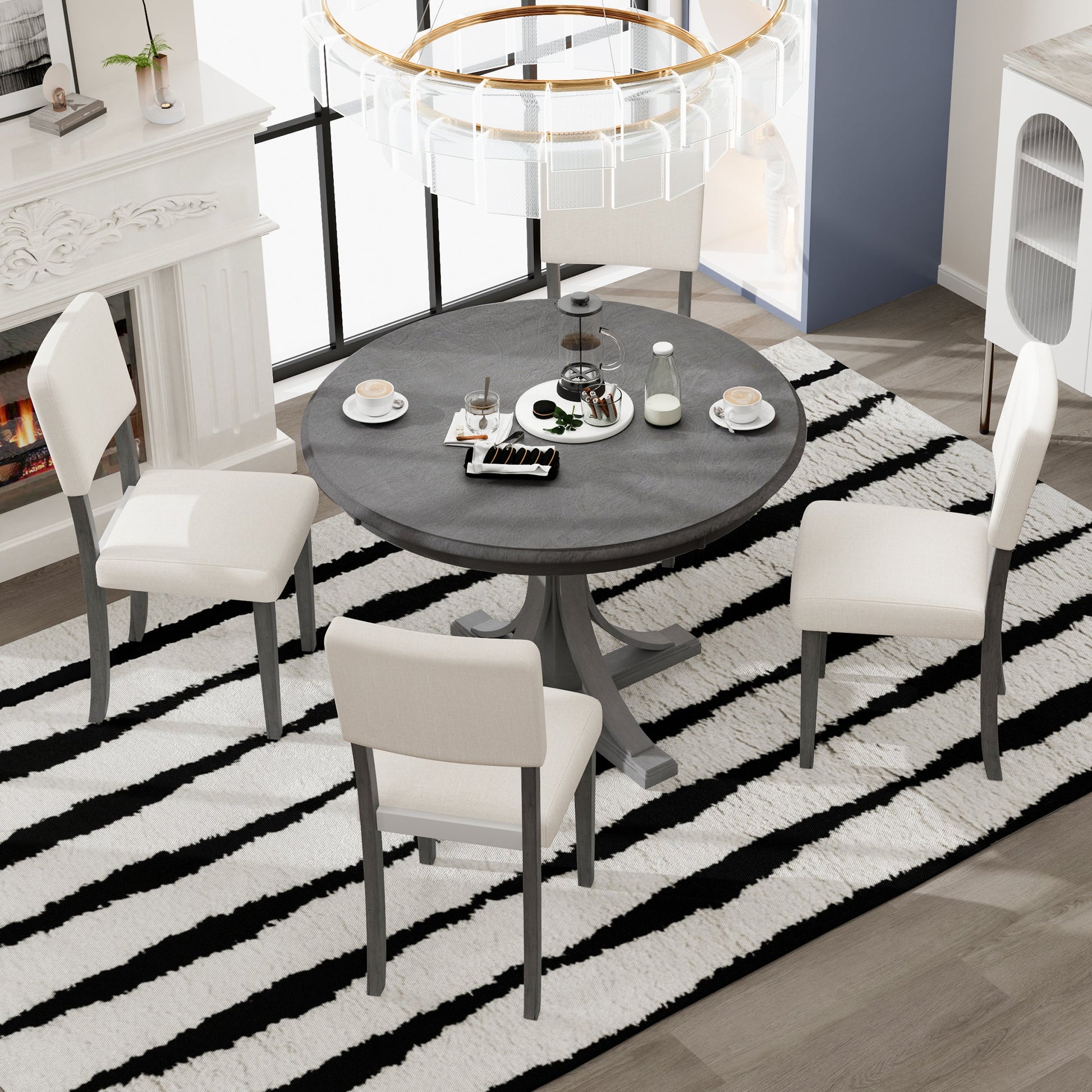 TREXM Five Piece Retro Round Dining Table Set with Curved Brackets and 4 Restaurant Cushioned Chairs (Dark Gray) - Korvel