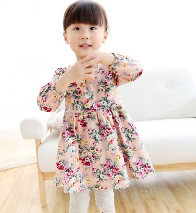 New Kids Long Sleeve Dresses Girls Flower Printed Princess Dress Summer Children Clothing 2 3 4 5 6 7 Years Girl Elegant Outfits - Korvel