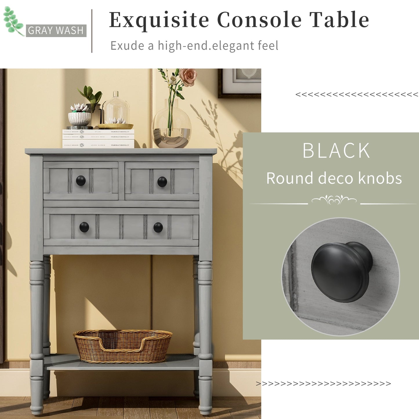 TREXM Narrow Console Desk, Thin Sofa Table with Three Storage Drawers and Living Room Bottom Shelves (Grey Washed) - Korvel