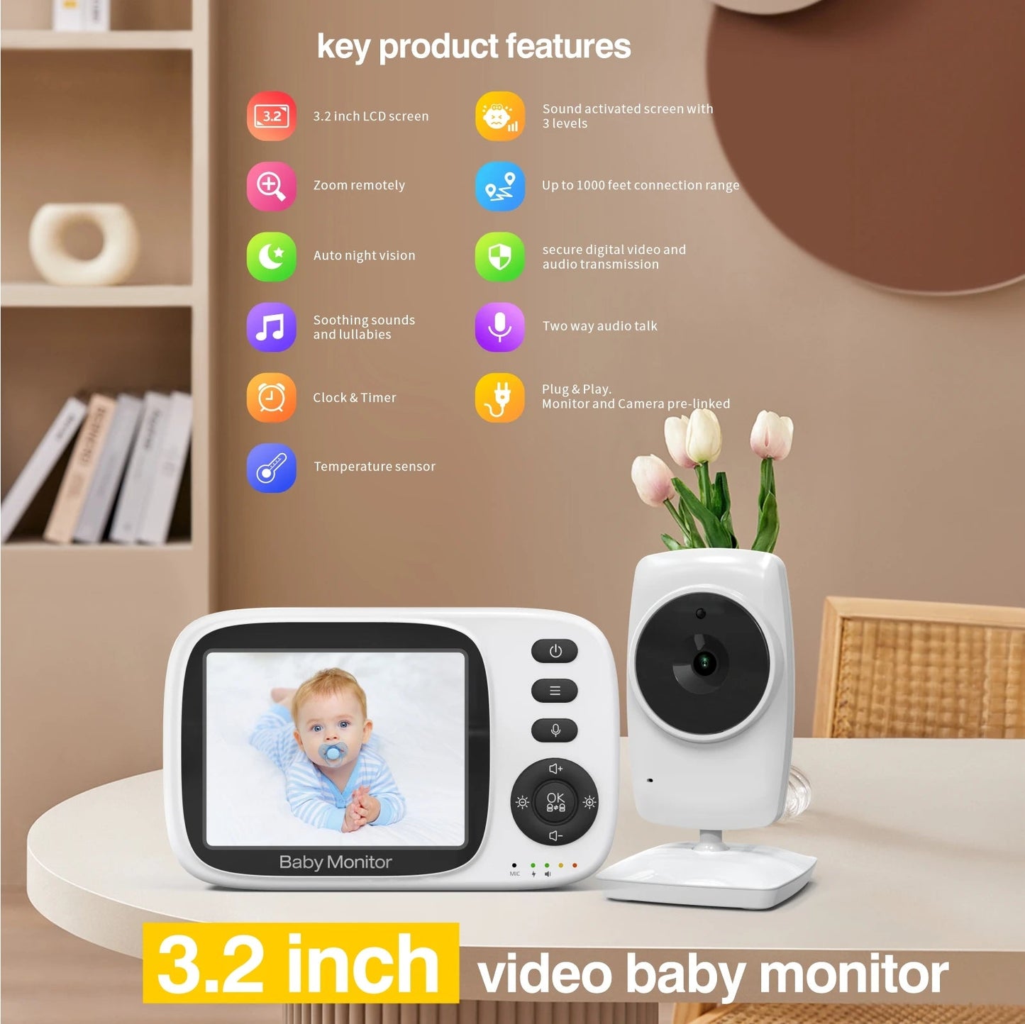 Video Baby Monitor 2.4G Wireless with 3.2 Inches LCD 2 Way Audio Talk Night Vision Surveillance Security Camera Babysitter - Korvel