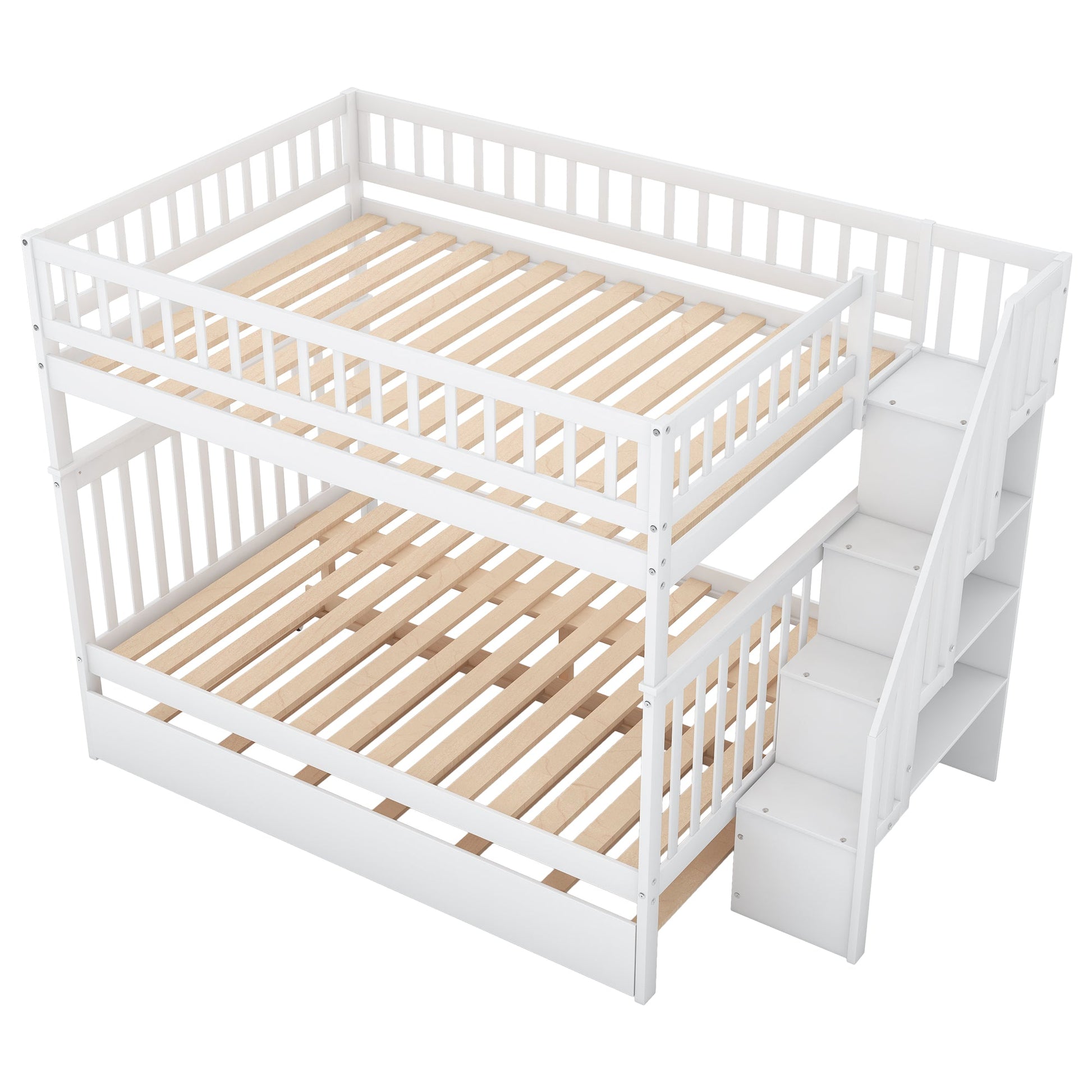 Full over Full Bunk Bed with Trundle and Staircase White - Korvel