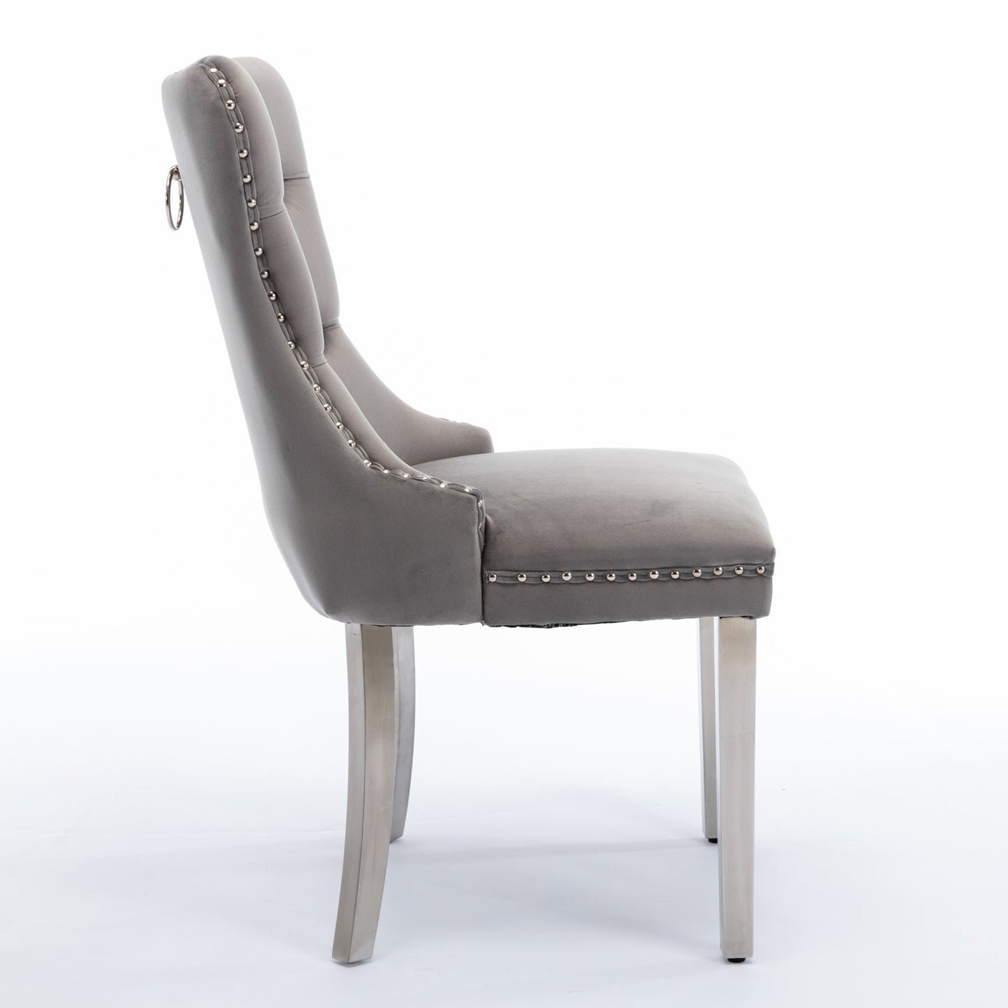 High end tufted solid wood velvet soft cushion dining chair chrome plated leg nail decoration gray and chrome two-piece set - Korvel