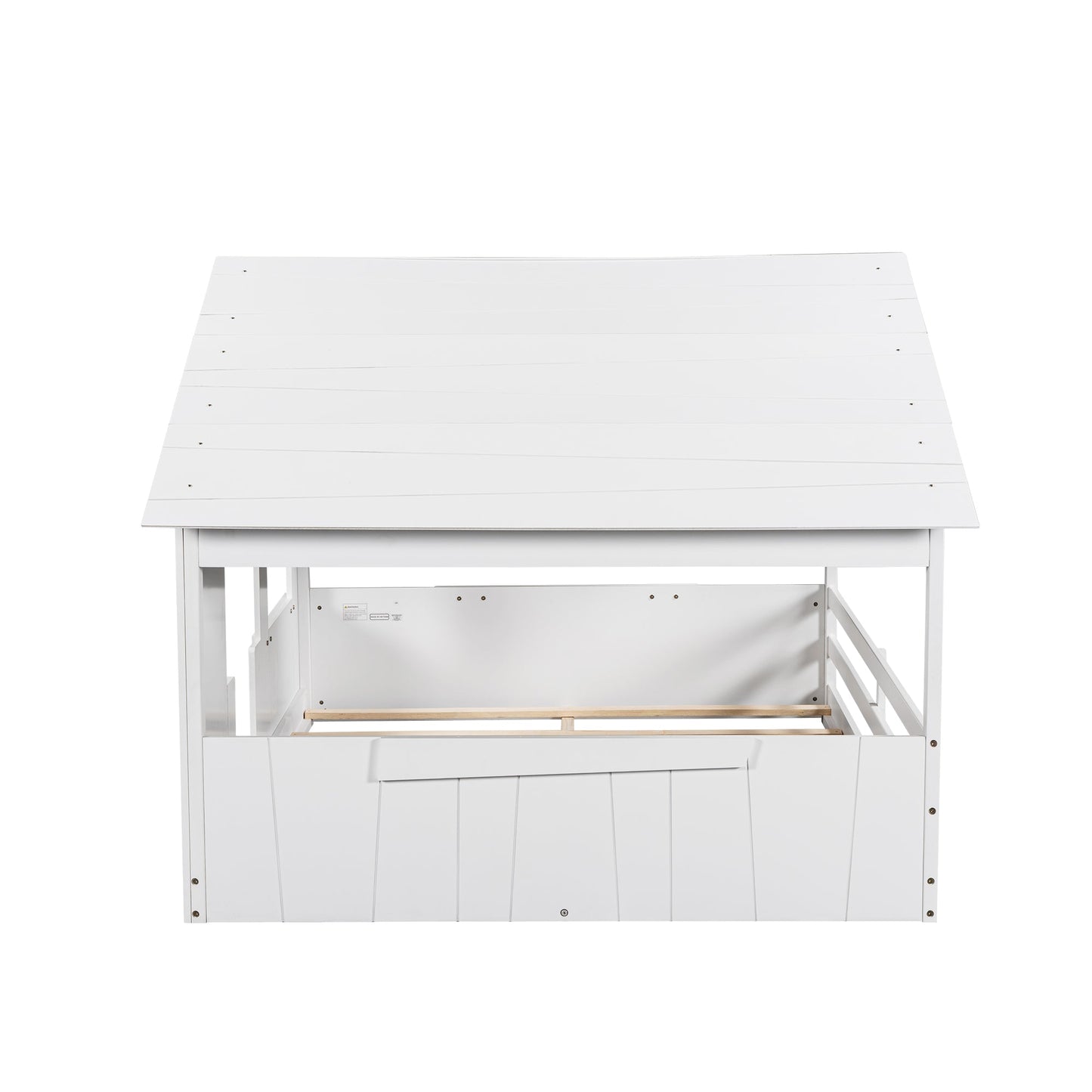 Wood Full Size House Bed with Roof, Window and Guardrail White - Korvel