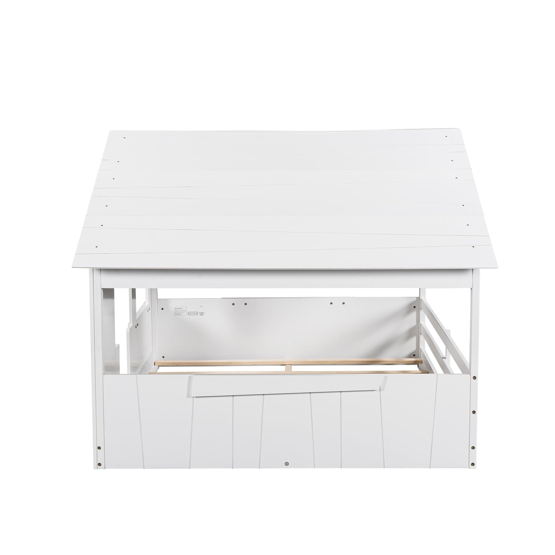 Wood Full Size House Bed with Roof, Window and Guardrail White - Korvel