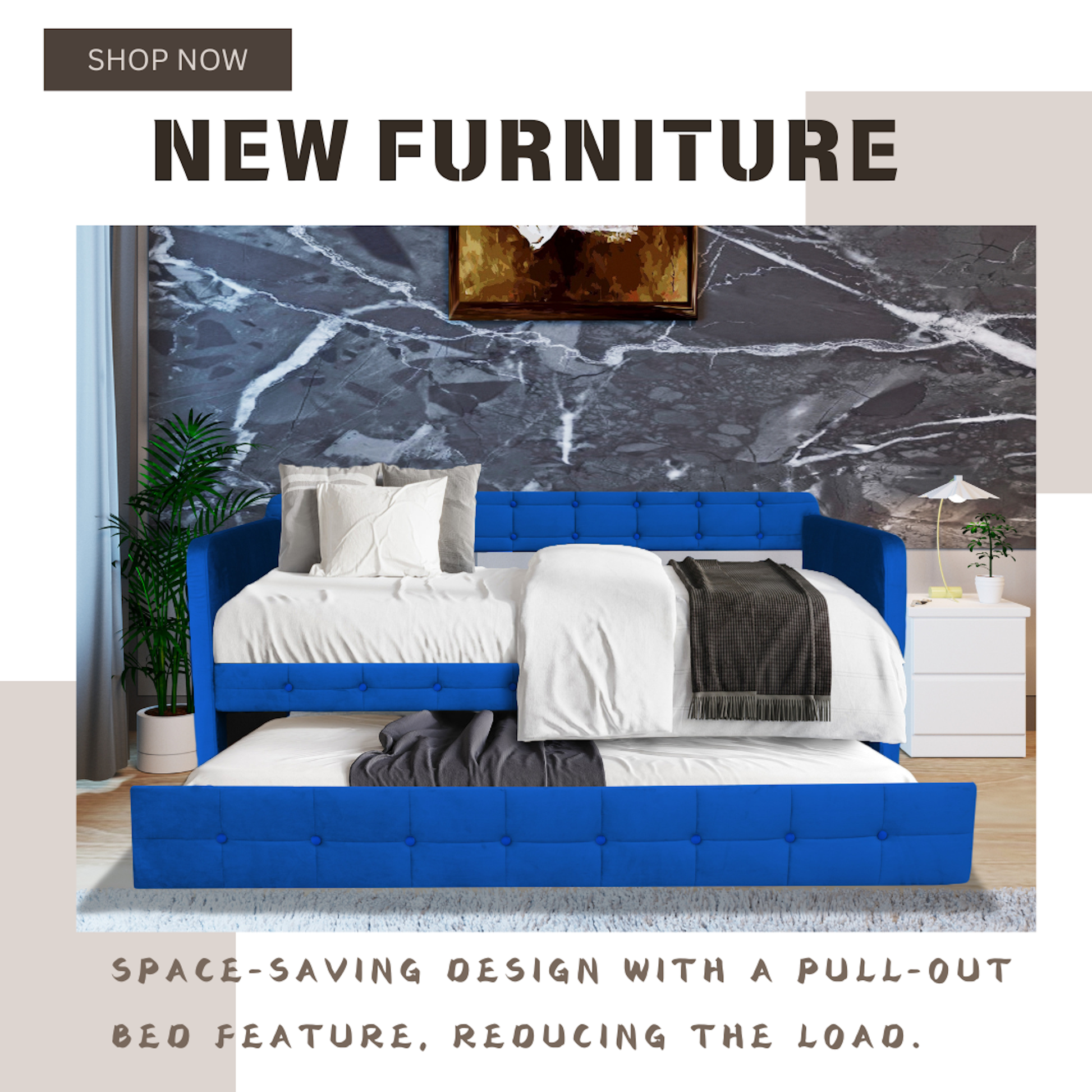 Blue padded twin beds with wheels, velvet fabric, no need for springs - Korvel