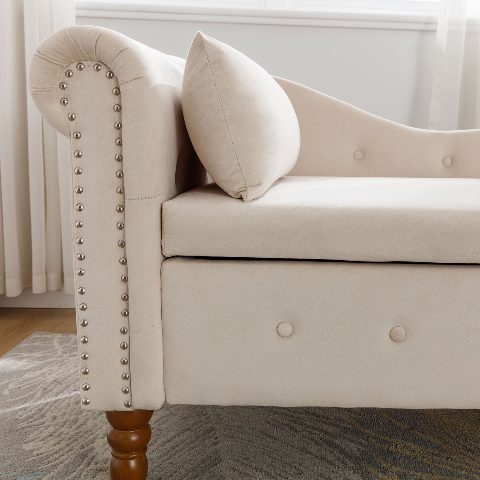 Beige Chaise Lounge Indoor Velvet Lounge Chair for Bedroom with Storage & Pillow Modern Upholstered Rolled Arm Chase Lounge - Korvel