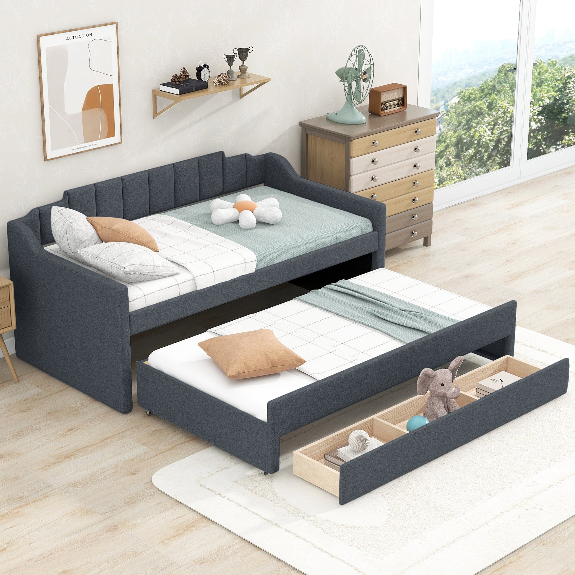 Twin Size Upholstered Daybed with Trundle and Three Drawers Grey - Korvel