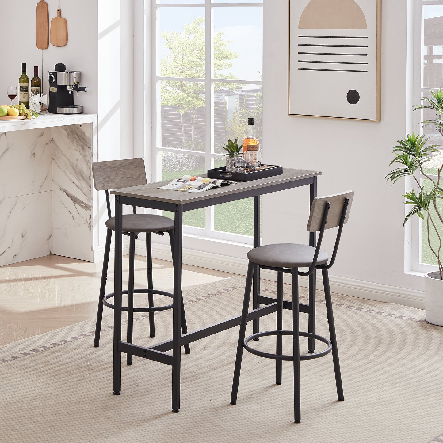 Stylish Grey Bar Table Set with Soft PU Seats and Backrests