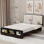 Queen Size Platform Bed Frame with Upholstery Headboard and Bookshelf in Footboard and LED Light Strips, Espresso - Korvel