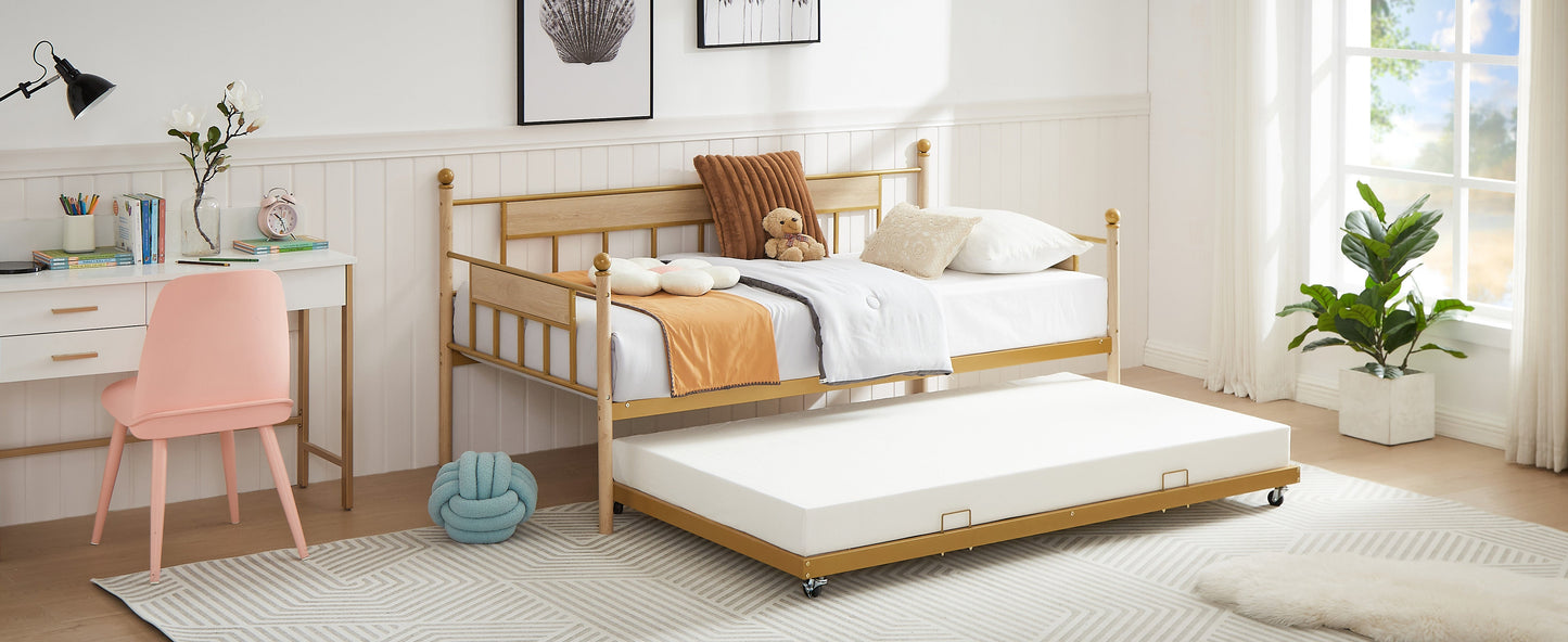 Elegant Golden Metal Daybed with Trundle - Twin Size