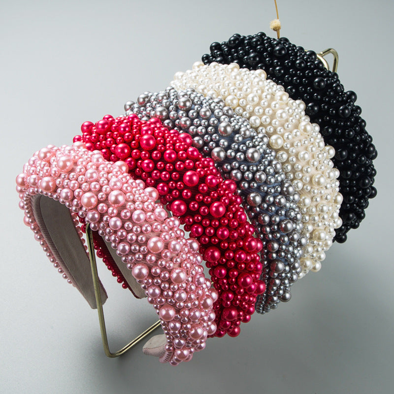 Hair Hoop Baroque Sponge Pearl Hair Accessories Women's Handmade Beaded Multicolor European and American Broad-brimmed Headband - Korvel