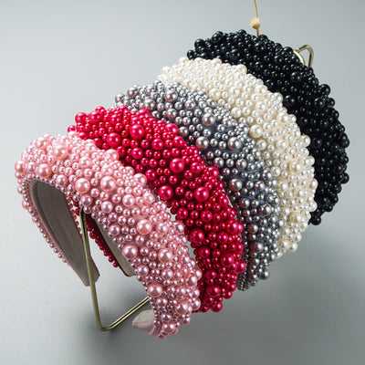 Hair Hoop Baroque Sponge Pearl Hair Accessories Women's Handmade Beaded Multicolor European and American Broad-brimmed Headband - Korvel