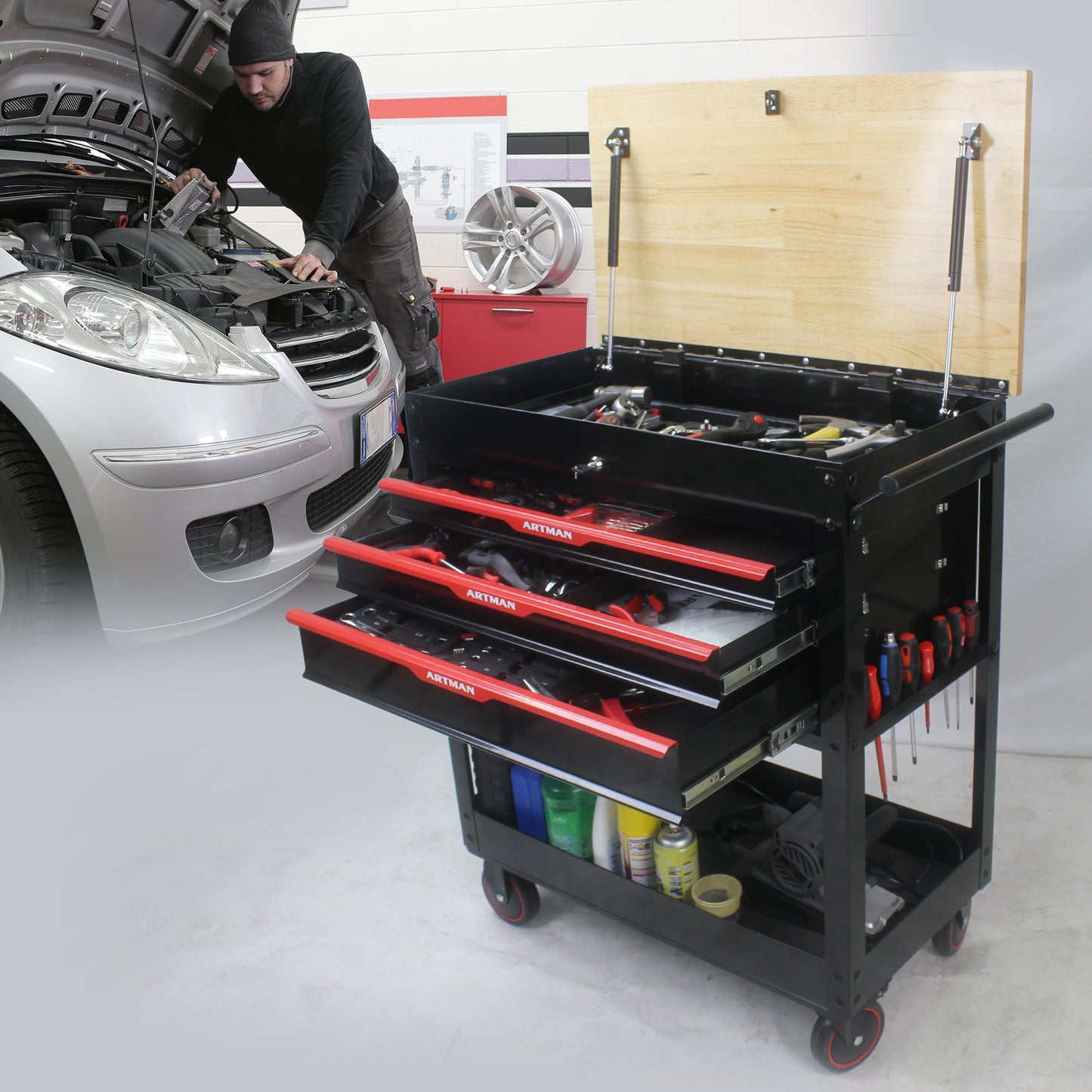 3 DRAWERS MULTIFUNCTIONAL TOOL CART WITH WHEELS AND WOODEN TOP - Korvel