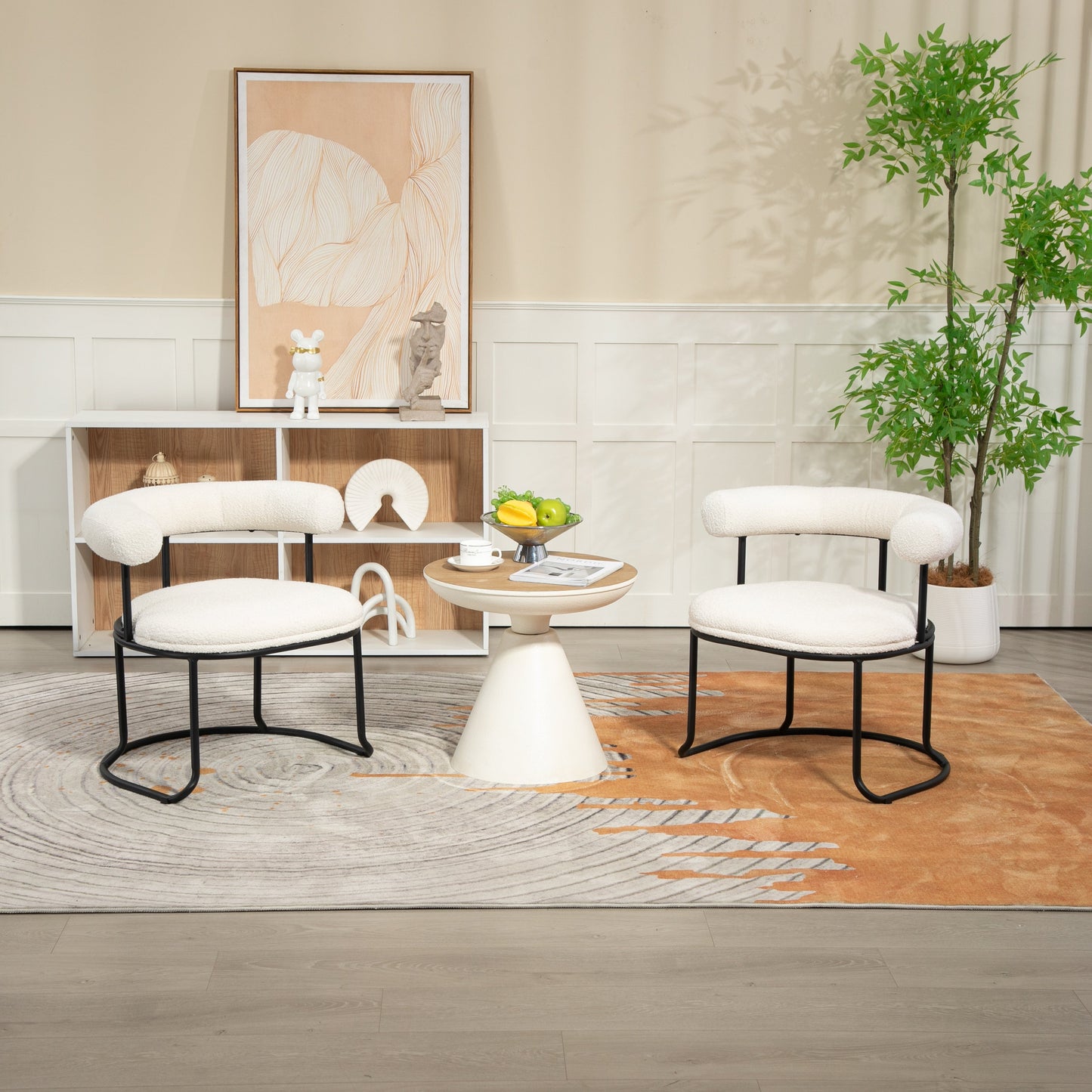 COOLCOOL Boucle dining chair set of two, medieval modern curved backrest chair, round cushion (beige Boucle) - Korvel