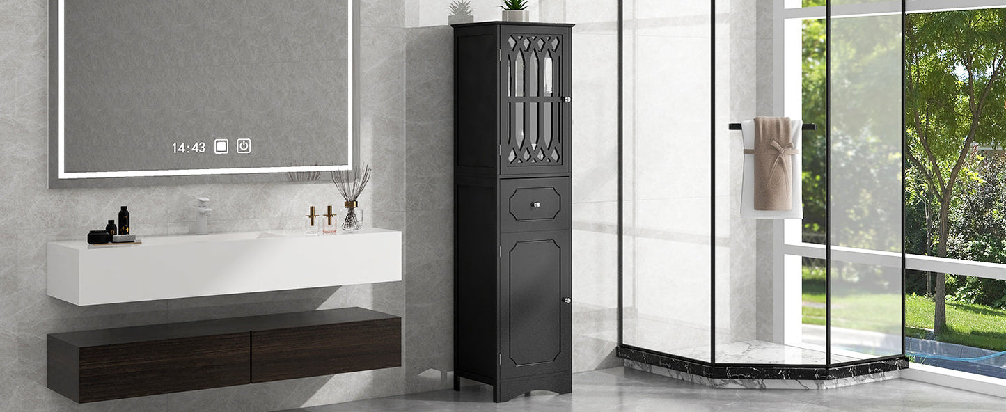 Tall Bathroom Cabinet, Freestanding Storage Cabinet with Drawer and Doors, MDF Board, Acrylic Door, Adjustable Shelf, Black - Korvel