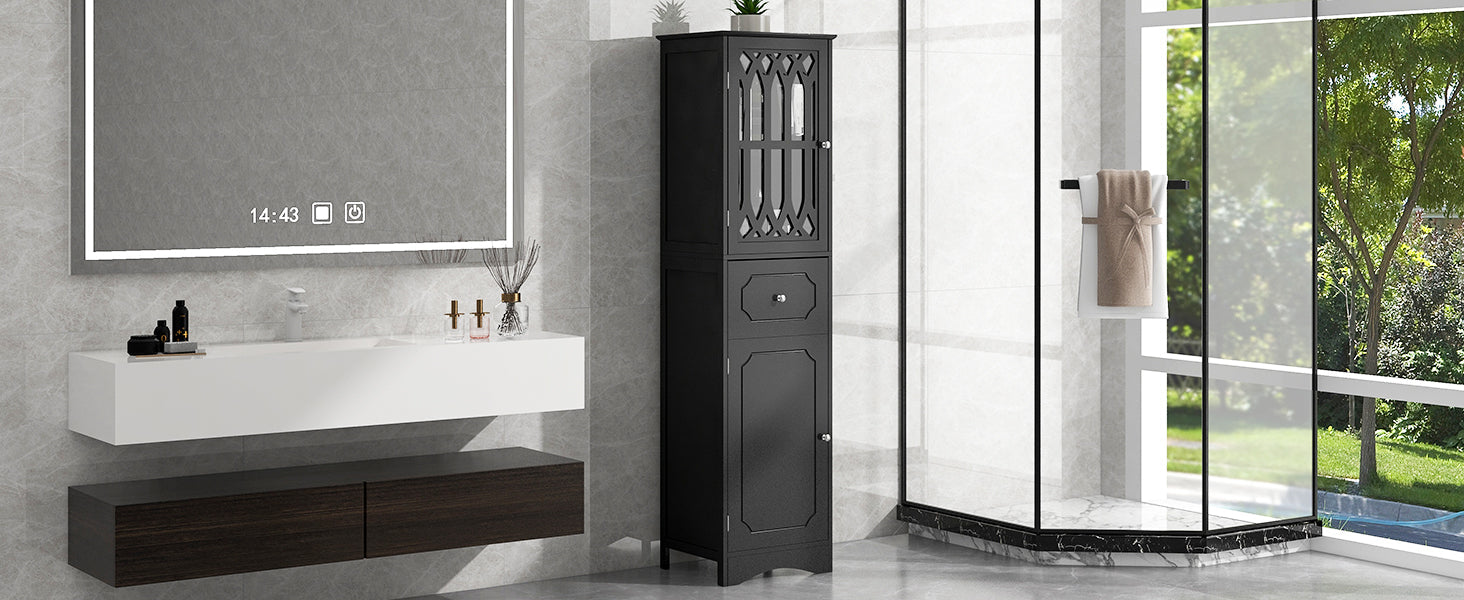 Tall Bathroom Cabinet, Freestanding Storage Cabinet with Drawer and Doors, MDF Board, Acrylic Door, Adjustable Shelf, Black - Korvel