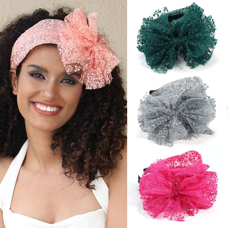Fashionable oversized solid color lace bow headband - Korvel