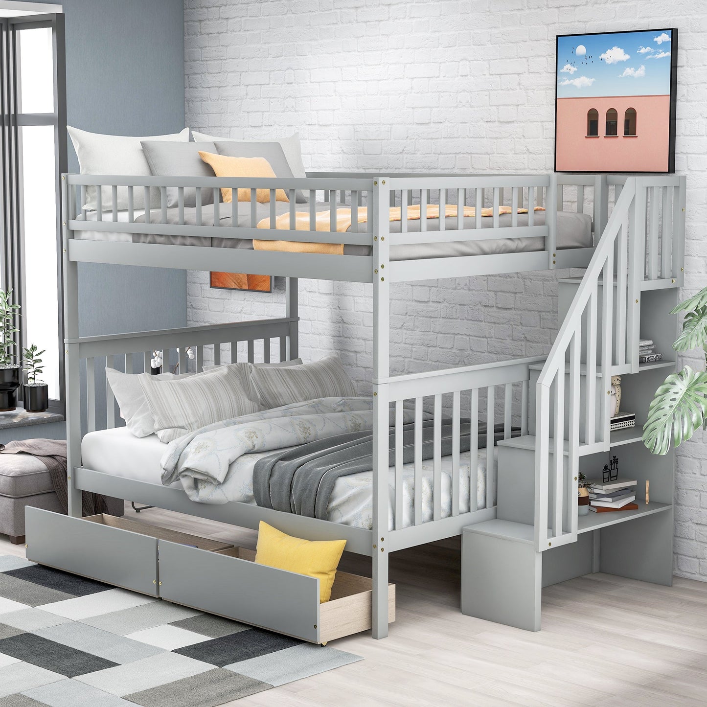 Full over Full Bunk Bed with Two Drawers and Storage, Gray - Korvel
