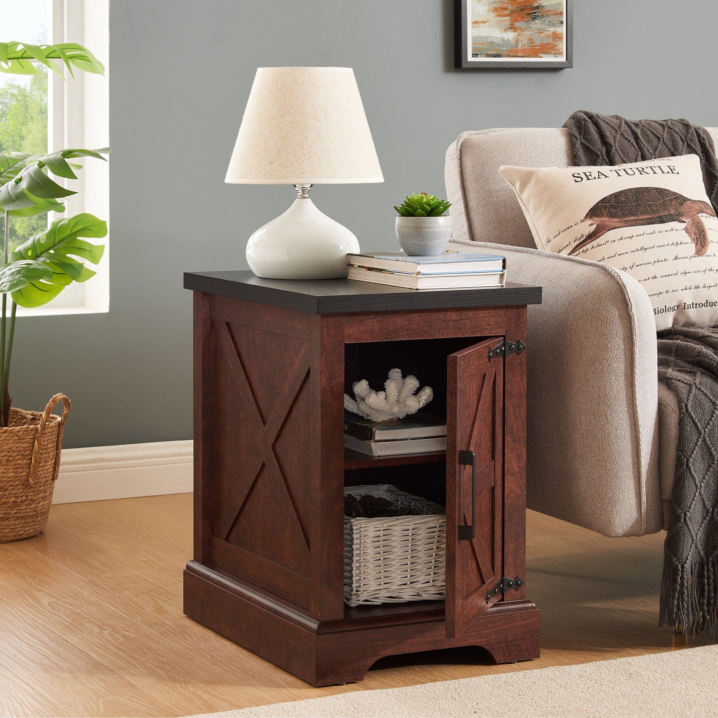 Farmhouse tea table bedside table rectangular farmhouse tea table with barn door and adjustable storage rack OAK - Korvel