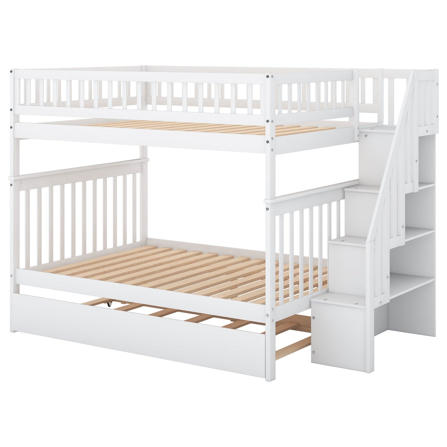 Full over Full Bunk Bed with Trundle and Staircase White - Korvel