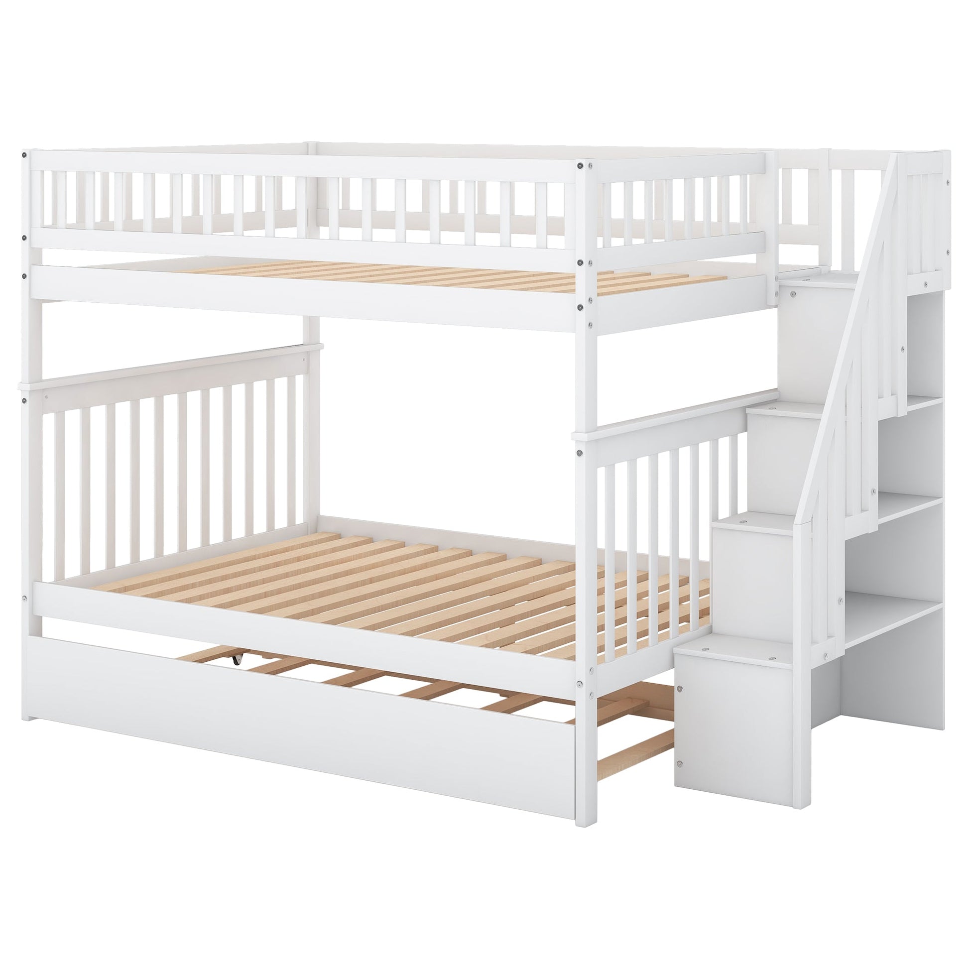 Full over Full Bunk Bed with Trundle and Staircase White - Korvel