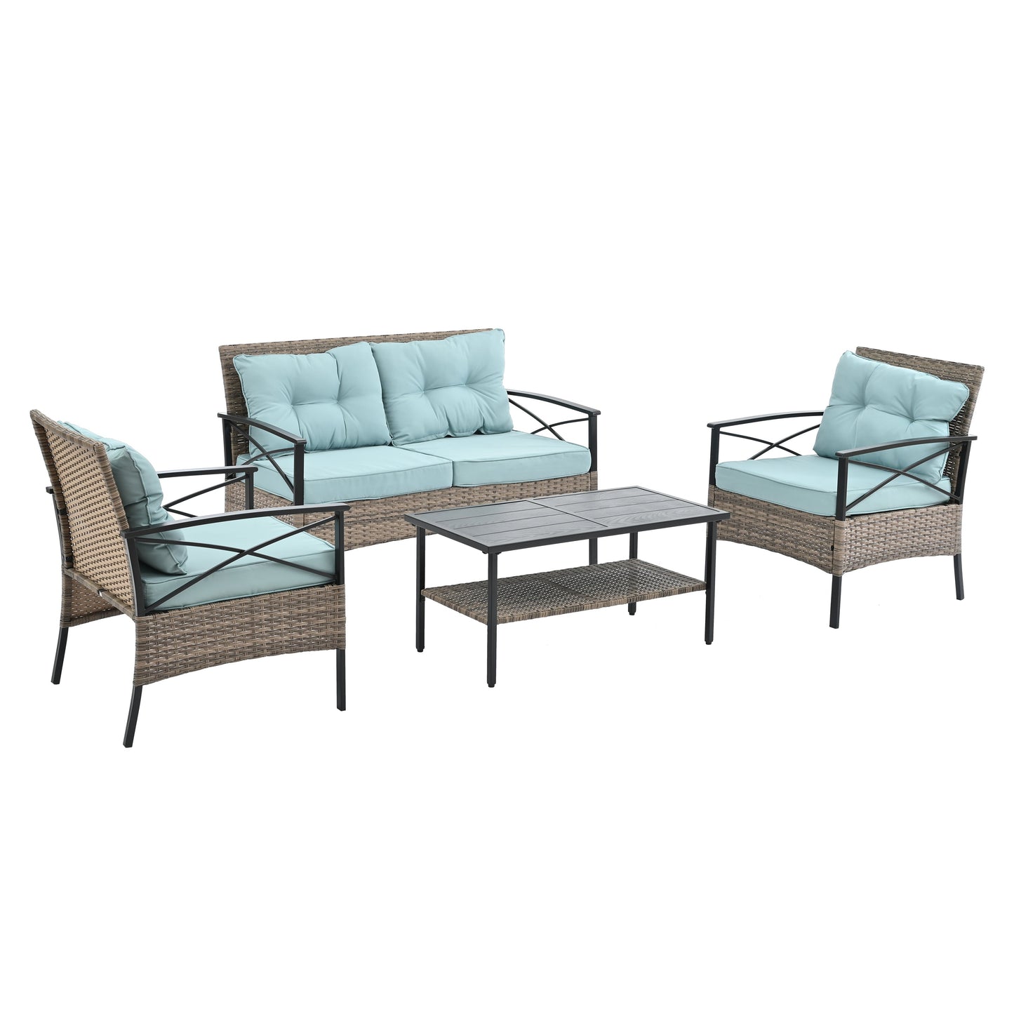 Conjunto de Muebles de Wicker para Exterior Premium con Mesa de Metal Negra