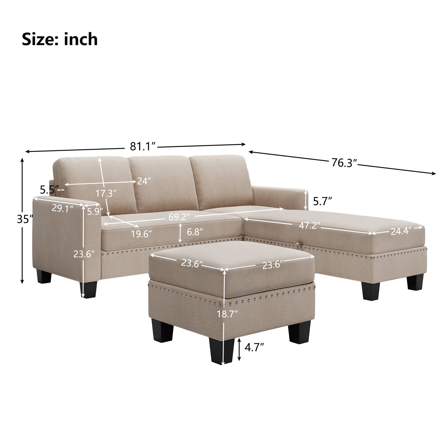Canapé Sectionnel Réversible avec Ottoman de Rangement - Gris Chaud