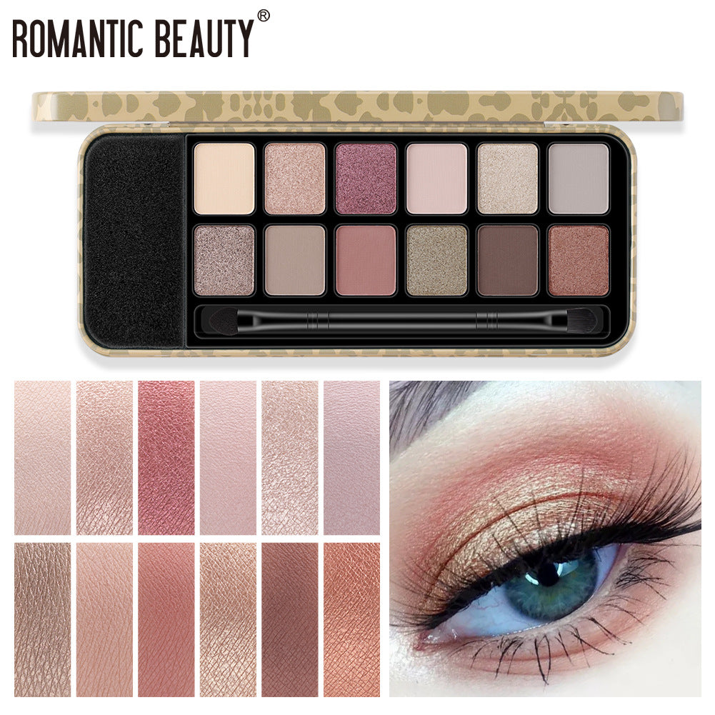 Romantic Beauty 12 Colors Leopard Eyeshadow Makeup Pearl Matte Finishing Eyeshadow Palette Brush - Korvel