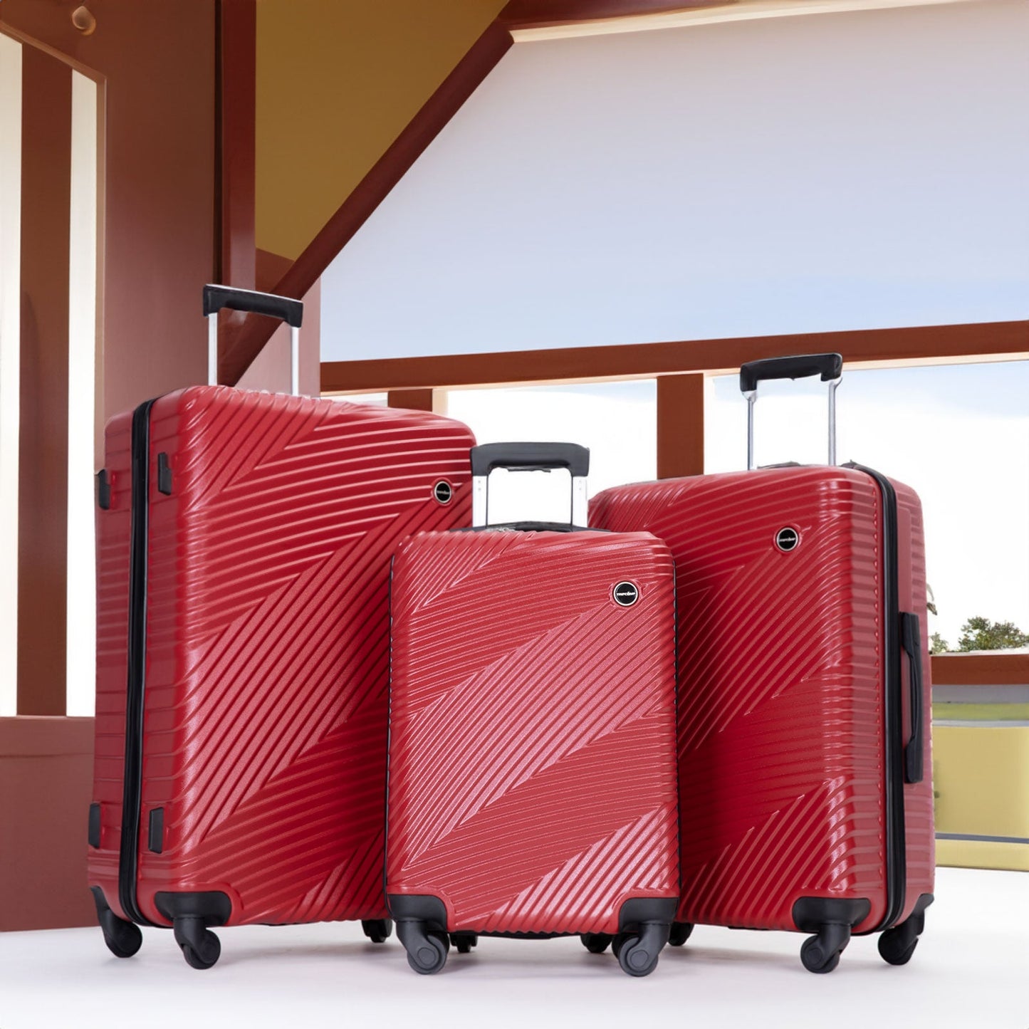 3 Piece Lightweight Luggage Set with Spinner Wheels - Red