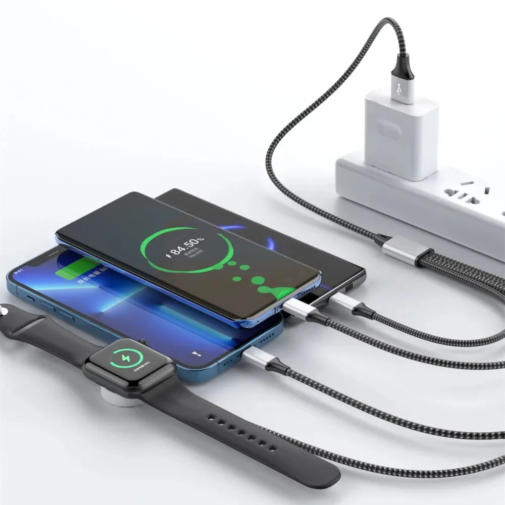 Cable de carga USB trenzado 4 en 1 premium con múltiples conectores