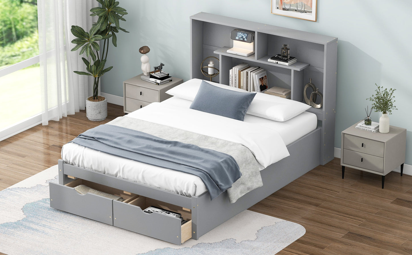 Full Size Platform Bed with Storage Headboard and 2 Drawers, Gray - Korvel