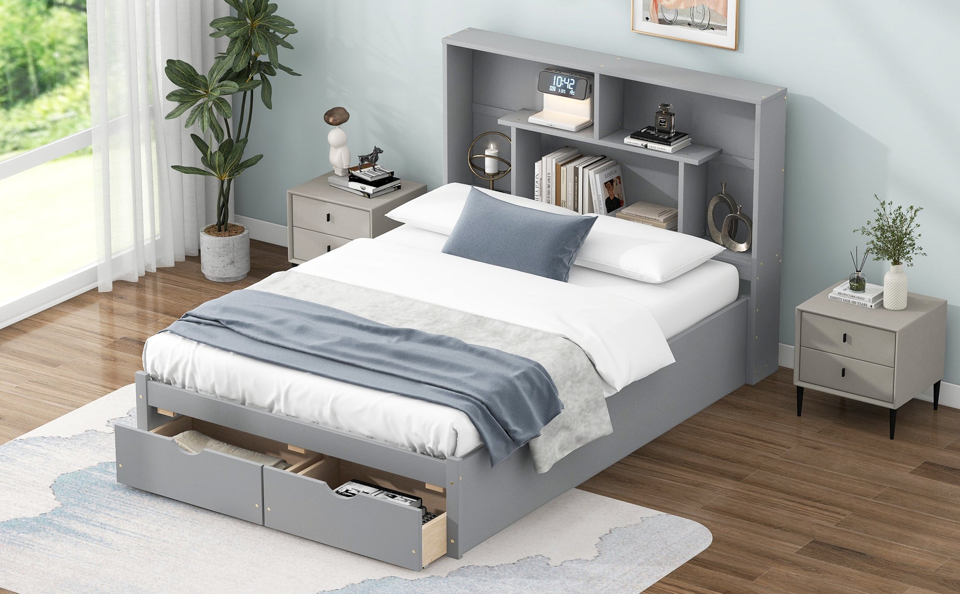 Full Size Platform Bed with Storage Headboard and 2 Drawers, Gray - Korvel