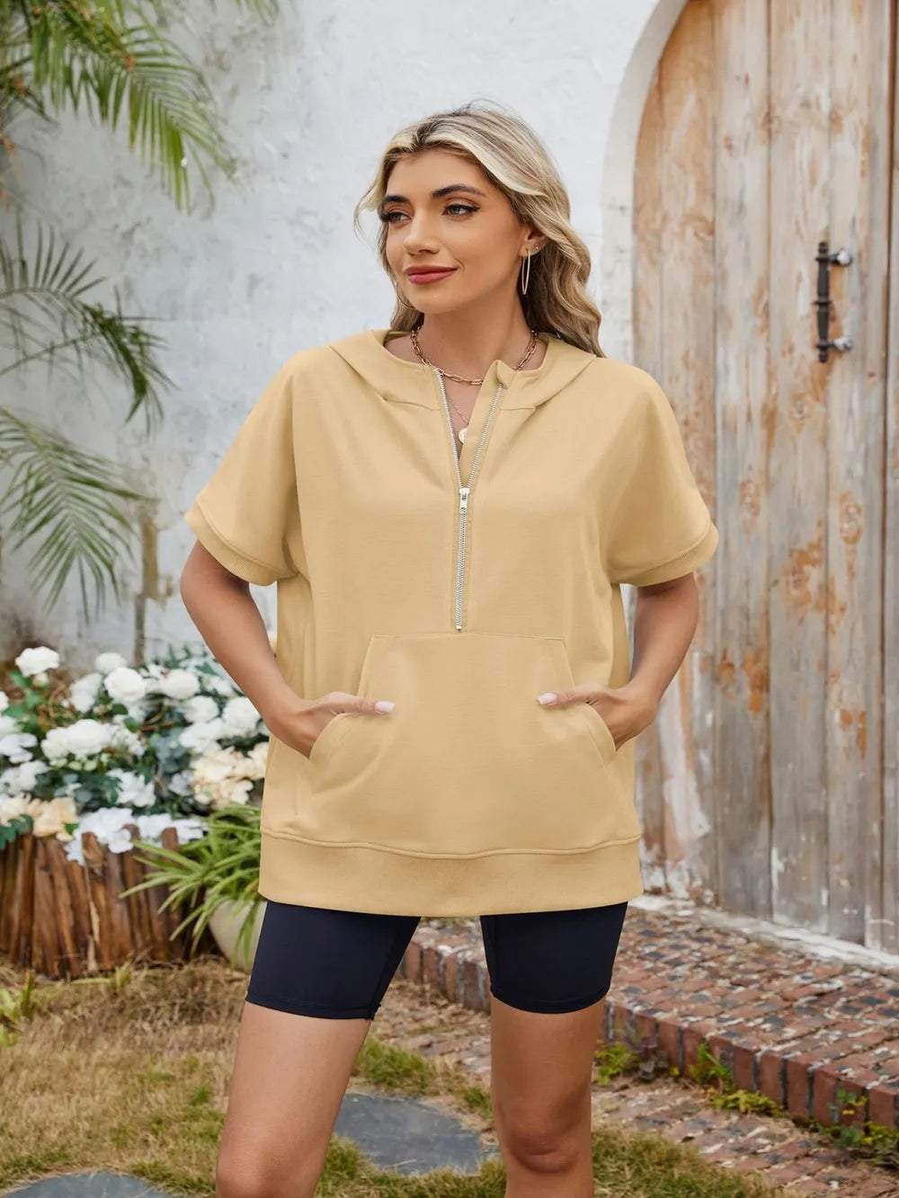 Half Zip Short Sleeve Hooded Top - Korvel