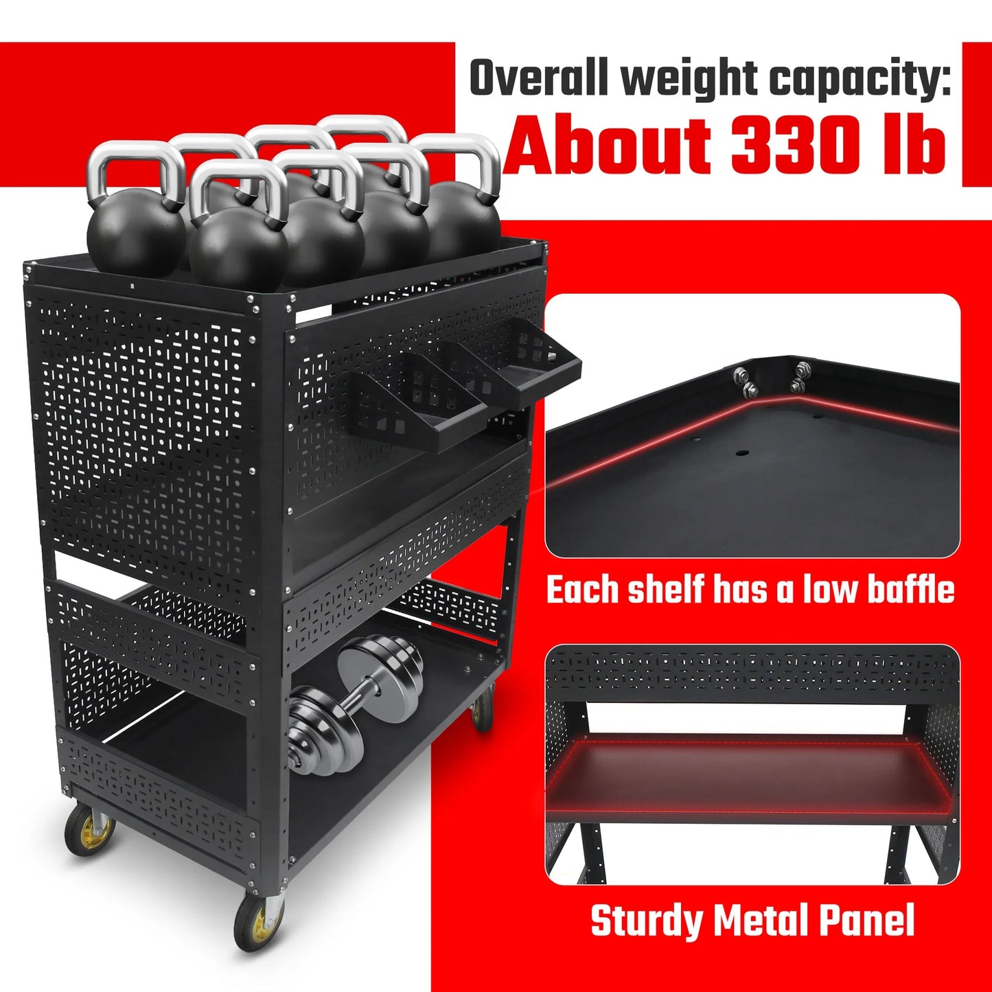 3-Tier Adjustable Rolling Tool Cart | Garage & Workshop Organizer w/ Steel Pegboard - Korvel