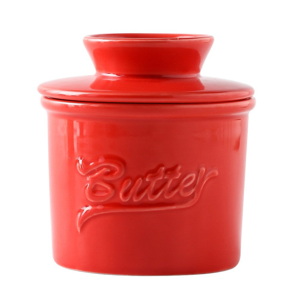 Ceramic yellow oil tank relief red butter storage tank cheese butter dish with lid set - Korvel