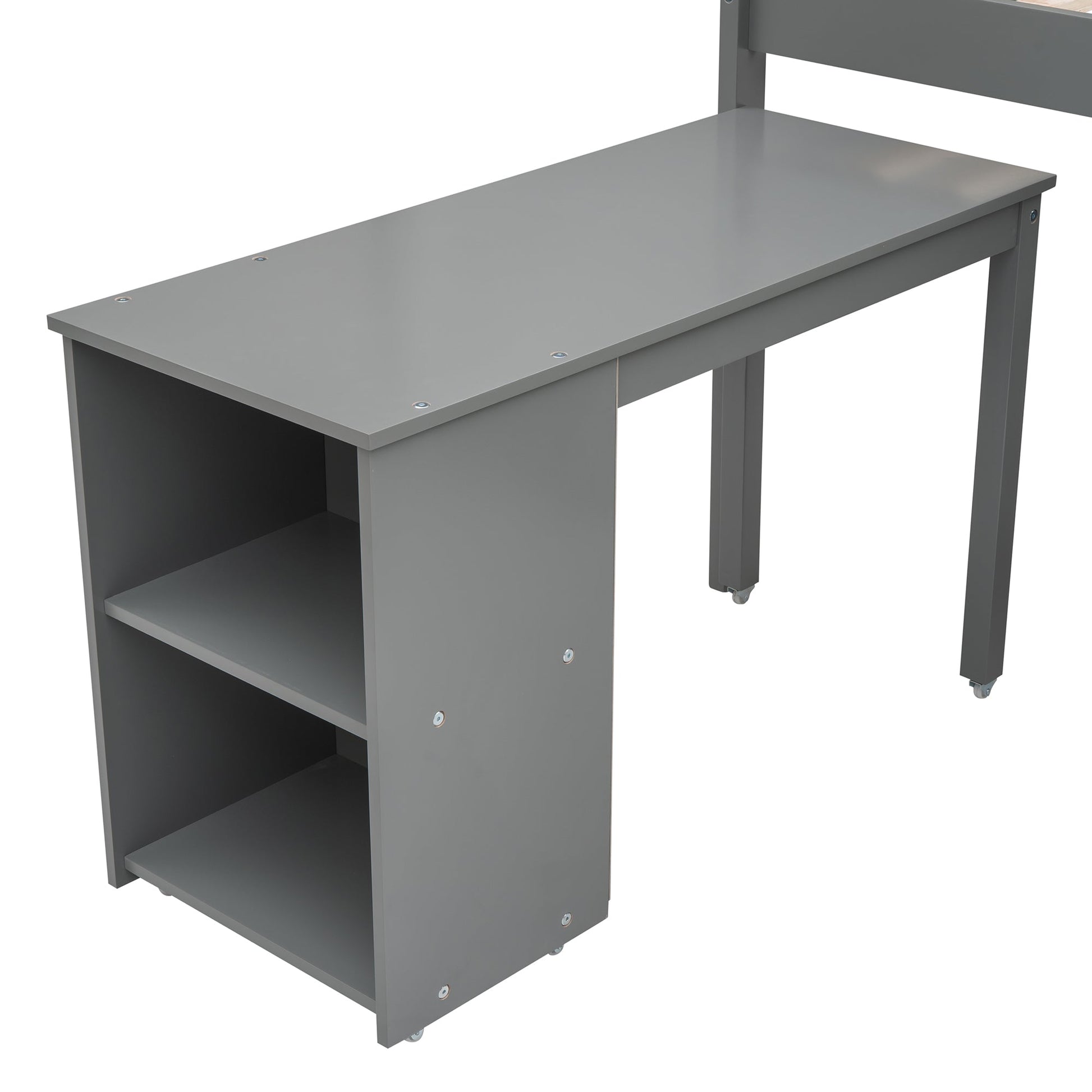 Low Study Twin Loft Bed with Cabinet and Rolling Portable Desk - Gray (OLD SKU :LP000113AAE) - Korvel