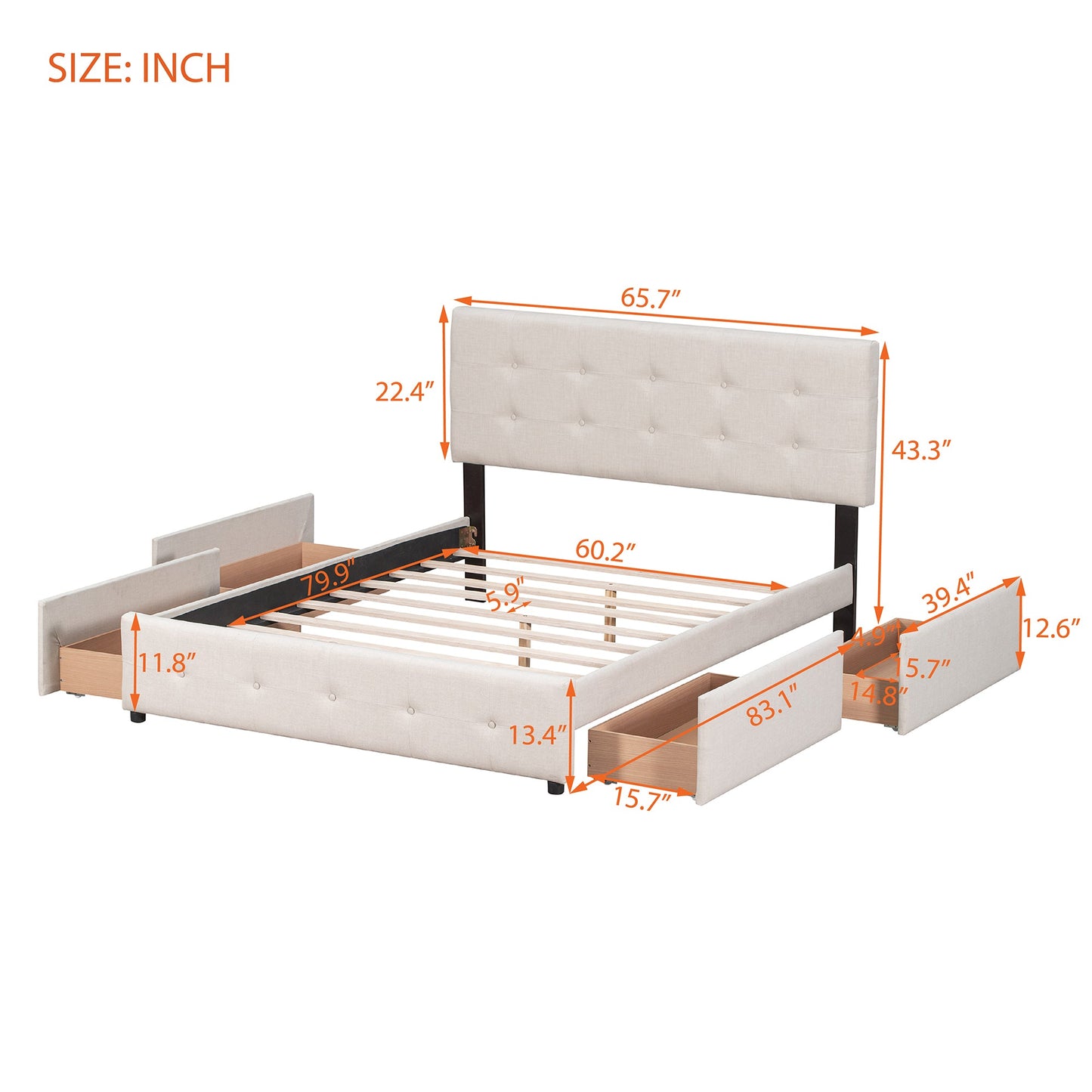 Upholstered Platform Bed with Classic Headboard and 4 Drawers No Box Spring Needed Linen Fabric Queen Size Beige - Korvel