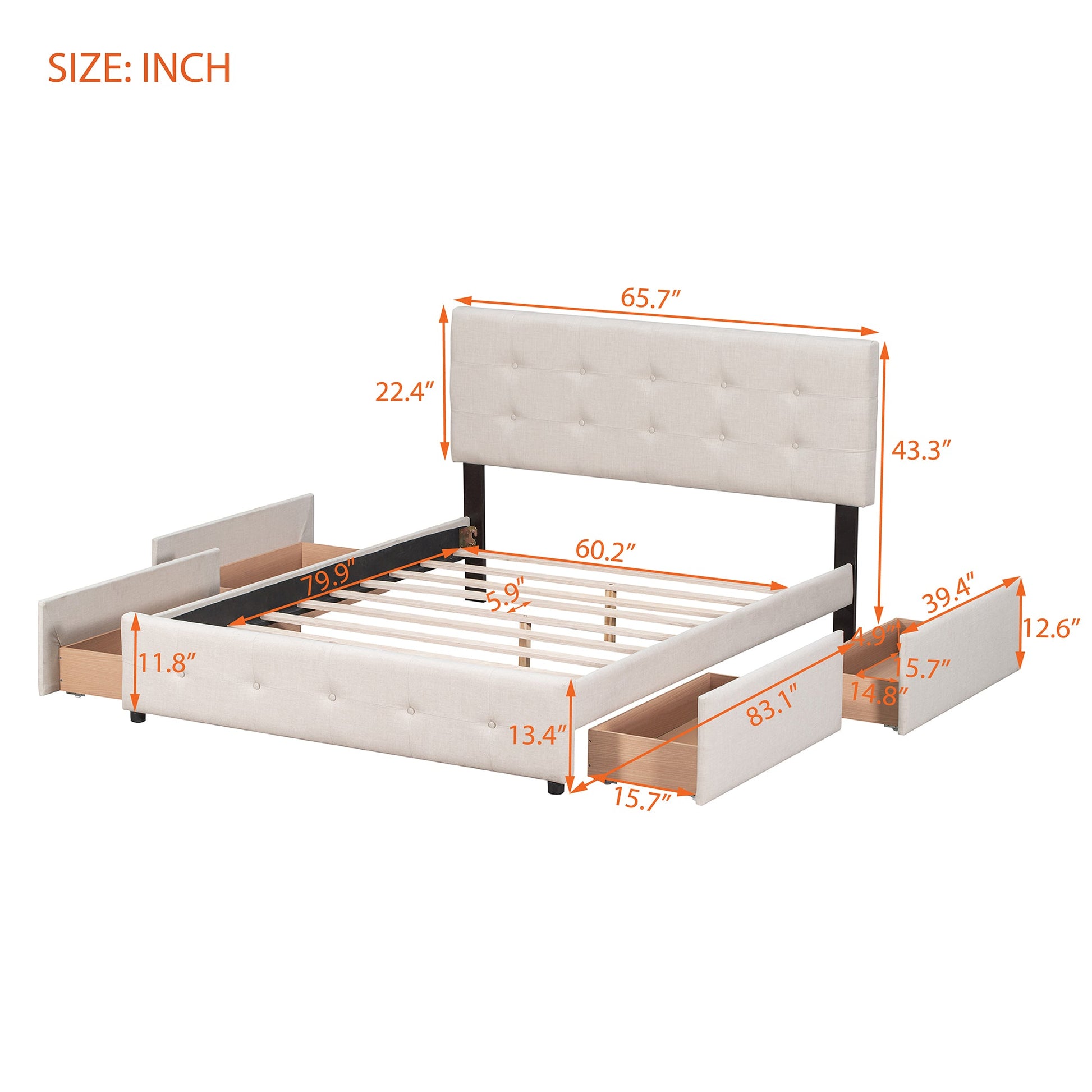 Upholstered Platform Bed with Classic Headboard and 4 Drawers No Box Spring Needed Linen Fabric Queen Size Beige - Korvel